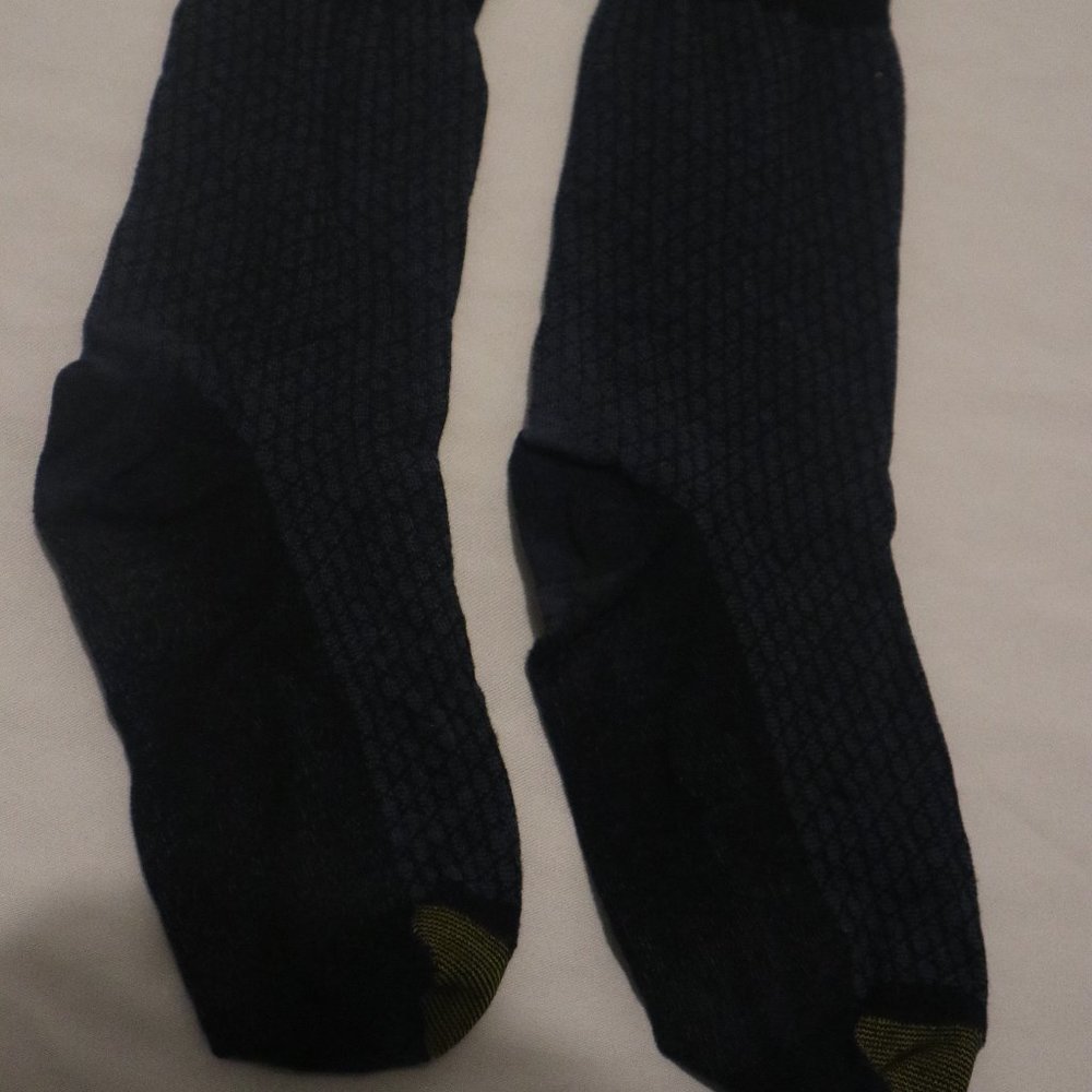 blue, black, and gold dress socks